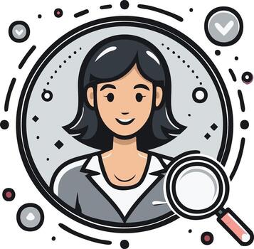 Smiling Woman Avatar in Circle Frame with Magnifying Glass for Profile Search vector