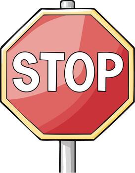 Bright red octagonal stop sign with bold white letters and a metallic pole against a white background vector