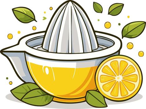 Lemon juice being squeezed using a citrus juicer with lemon slice and leaves vector