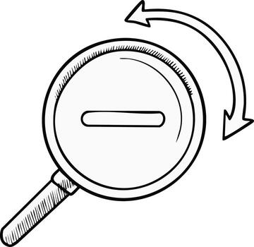 Reduce Magnifier, Reduction Search Tool, Decrease Magnifying Glass with Curved Arrow Sign vector