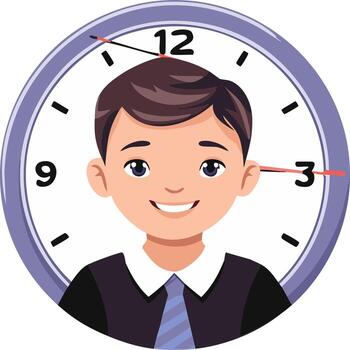 Smiling businessman cartoon character integrated with a large clock face representing time management vector