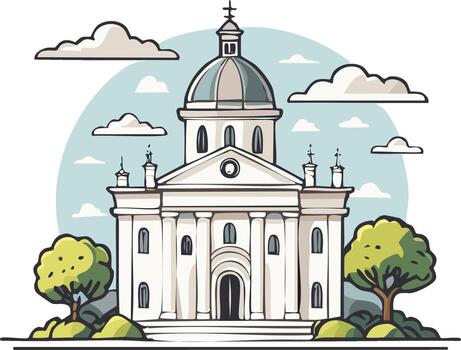 Illustration of a grand white building with a dome and cross surrounded by trees and fluffy clouds vector
