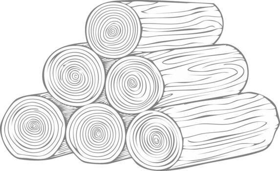 Stacked firewood logs illustration with engraved style drawing showing detailed grain patterns vector