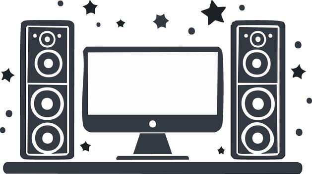 Computer monitor and sound system with star shapes illustration vector
