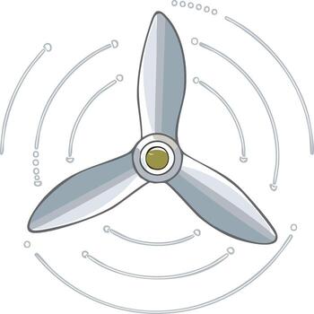Illustration of a rotating fan with dynamic curved lines and floating dots vector