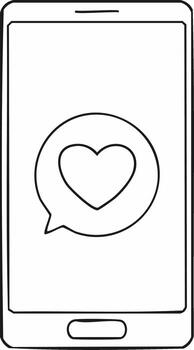 Outline of a smartphone displaying a heart icon in a speech bubble on screen vector
