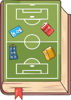 Illustrated Soccer Field Appears Inside Open Book with Notepads and Textbooks vector