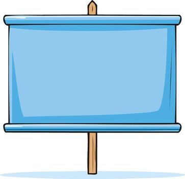 Blank blue rectangular sign on wooden post for customizable message display vector