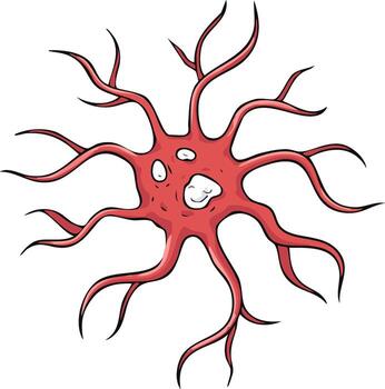 Cartoon red neuron cell with branching dendrites and happy face illustration vector
