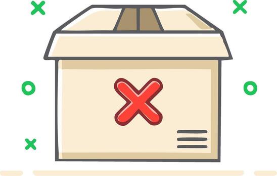 Illustrated cardboard box with a red 'X' symbol on the front, depicting cancellation or error vector