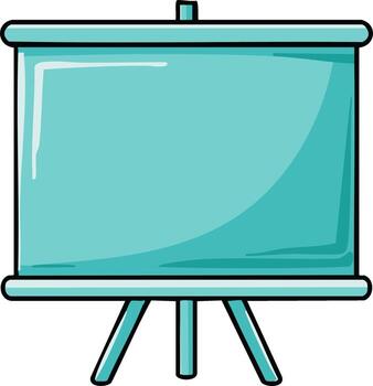 Cartoon-Style Blue Presentation Board with Tripod Stand, Empty Teal Display for Teaching or Projecting Information vector