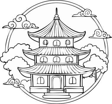 asiático pagoda templo ilustración en un circulo marco, con nubes y árboles, oriental arquitectura concepto vector
