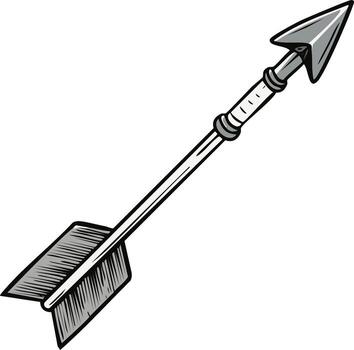 Simple gray arrow with pointed head and feathered fletching graphic illustration vector