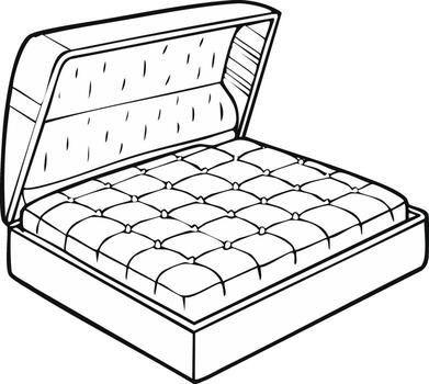 Open Tufted Mattress Displayed in a Box Spring Bed Frame Line Drawing vector