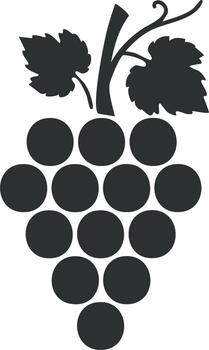Simple dark grey grape cluster silhouette with stem and leaves vector