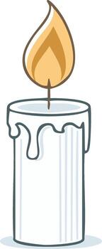 Burning white candle with dripping wax, illuminated flame with simple line art style, illustration for festive or decorative use vector