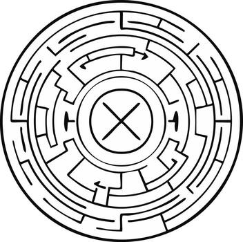 resumen circular laberinto laberinto rompecabezas con central X marca y direccional flechas vector