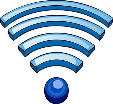 Blue glossy wireless internet signal symbol showing strong network connection and digital communication vector