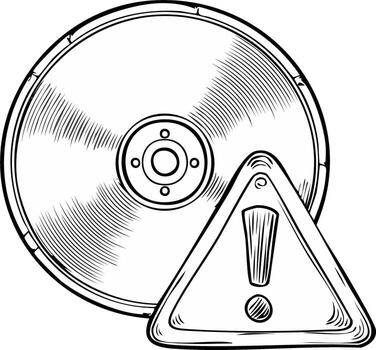 Ink drawing of a data storage device and caution sign symbol in black and white vector