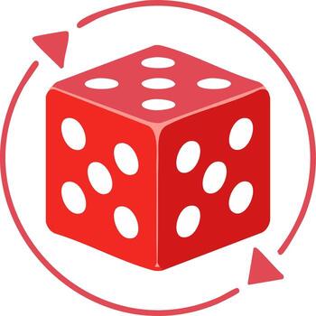 Red dice graphic with rotation arrows, concept for gambling, game and chance vector