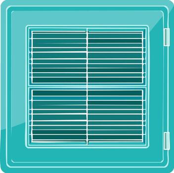 Abstract illustration of a teal window with closed venetian blinds and frame, graphic vector