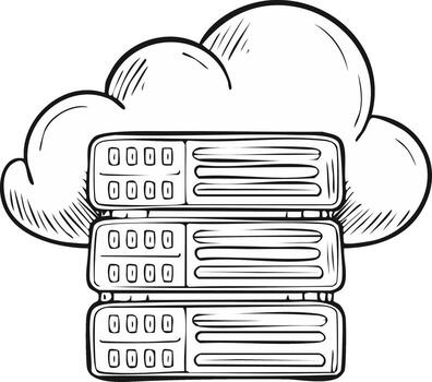 Hand drawn illustration of a server rack in a cloud representing cloud computing and data hosting vector