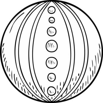 Stylized orb with parallel stripes and a line of circles in gradient size arranged vertically on a white backdrop vector