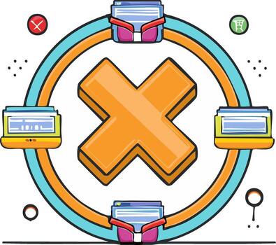 Digital network error or cancellation concept with browser windows orbiting a large orange X symbol and various icons vector