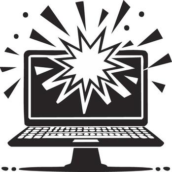 Broken laptop screen with a starburst indicating computer crash and system error vector