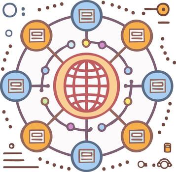 Connected global network with document page icons in a circle, abstract worldwide business system vector
