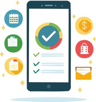 Mobile phone displaying task list with icons for calendar, notes, money, security, and email vector