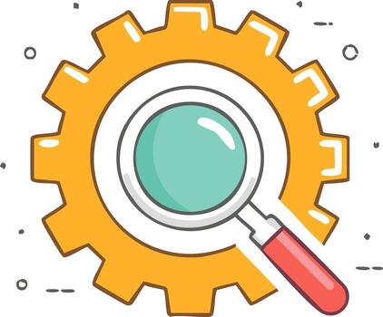 Magnifying glass on a gear icon representing search optimization analysis and settings vector