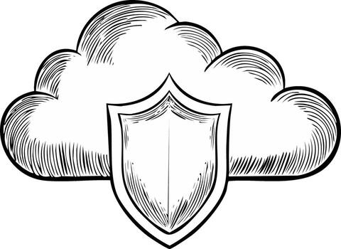 Cloud computing security concept with cloud and shield illustration in line art style vector