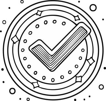 Hand drawn stylized checkmark symbol inside decorative concentric circles with dots and star shapes line art illustration vector