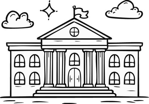 Outline Drawing of Governmental Building or Courthouse with Columns and Flag Flying Against Cloudy Sky vector