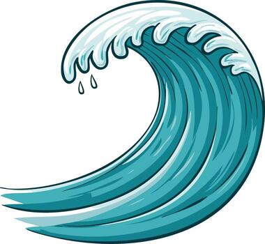 Dynamic cartoon illustration of a large curling ocean wave with cresting foam vector