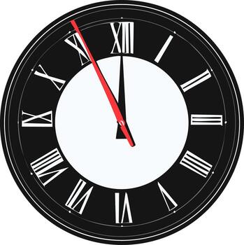 Clock face with Roman numerals showing the time at noon, black and white design vector