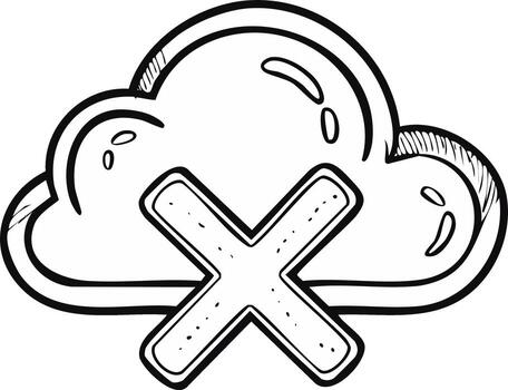 Hand Drawn Cloud and Cross Representing Failed Cloud Computing Process in Black and White vector