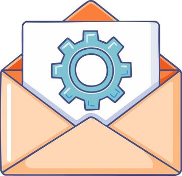 Email with Gear Symbol, Open Mail Envelope Holding Graphic of Setting, Support Message vector