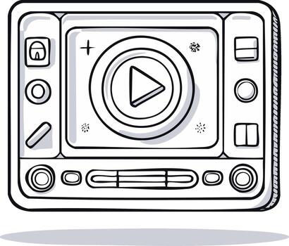 Cartoon illustration of a black and white media player with buttons and a play icon vector