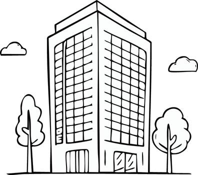 Simple doodle illustration of a tall office building with trees and clouds vector