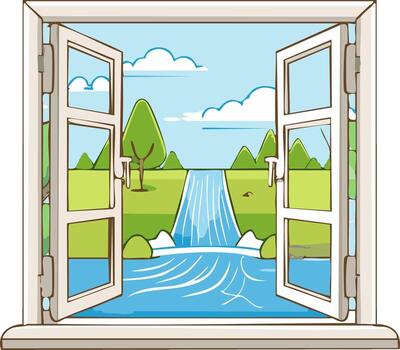 abierto ventana ver de cascada y paisaje con arboles en tiempo de día dibujos animados estilo vector