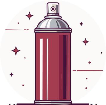 rojo rociar lata con metálico plata gorra y botones rodeado por espumoso estrellas y líneas en un circular marco vector