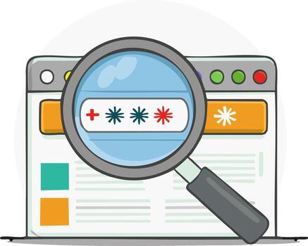 Cybersecurity concept with a magnifying glass inspecting a password on a website login page vector