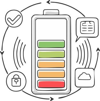 Doodle style battery charge indicator with various icons symbolizing communication, lock, cloud, and complete process vector