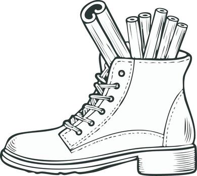 Combat boot overflowing with cinnamon sticks. illustration of alternative food items vector