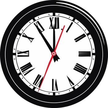 Clock face displaying time with Roman numerals in black and white illustration vector