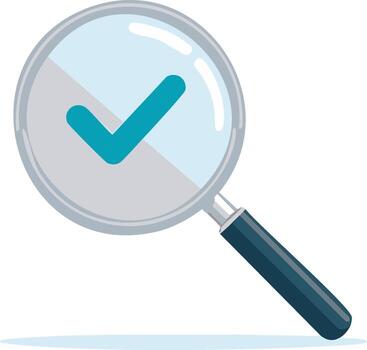 Magnifying glass inspecting a blue check mark, verification and confirmation concept, approval or validation, scrutiny symbol vector