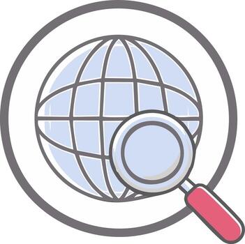 Global search icon with globe and magnifying glass inside circle, internet browsing illustration vector