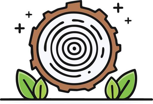 Wood slice cross section with tree rings and leaves below and plus signs around vector